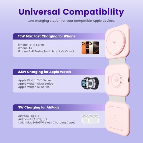 15W Magnetic Travel Charging Station, 3-in-1 Foldable MagSafe Charger - color: Blush Pink