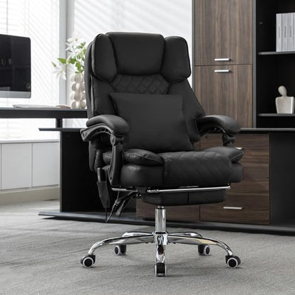 Kneading Massage Office Chair with Heated,90-135° Reclining Executive Office Chair with Footrest,Computer Desk Chair with Wheels,Diamond-Stitched Cushion Leather Office Chair (Black) - color: Black