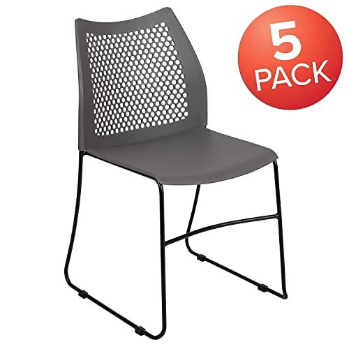 Flash Furniture Hercules Series Contoured Lobby Chairs with Air-Vent Honeycomb Backs, Ergonomic Stacking Chairs for Offices, Set of 5, Gray | Sled Base, Powder Coated, 661 LBS. Weight Capacity - color: Grey, size: Set of 5