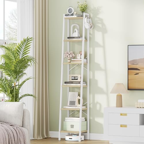 Hzuaneri Ladder Shelf, Bookshelf, Freestanding Corner Storage Shelf | Bookcase with 2 Hooks for Office, Living Room, Kitchen, Bedroom, Industrial, 11.8"D x 13.4"W x 72.8"H, White Oak and White - color: White Oak and White, size: 11.8"D x 13.4"W x 72.8"H