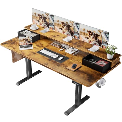 Veken 63x28 in Electric Standing Desk with Drawers, Adjustable Table, Brown | Stand up Computer Desk for Home Office, Work & Study, with Storage, 3 Memory Presets, Cable Organizer, Hook, and Quiet Lift. - color: Brown, size: 63×28 Inch