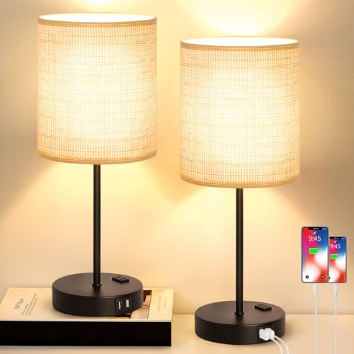 Lynnoland Set of 2 Touch Control Table Lamps, 3-Way Dimmable Bedside Nightstand Lamps for Bedroom Living Room Nursery, 800 Lumens 3000K Warmlight Bulbs Included - color: Rattan & Matte Black