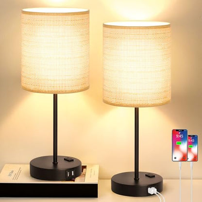Lynnoland Set of 2 Touch Control Table Lamps, 3-Way Dimmable Bedside Nightstand Lamps for Bedroom Living Room Nursery, 800 Lumens 3000K Warmlight Bulbs Included - color: Rattan & Matte Black