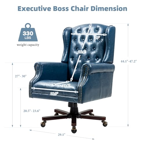 Executive Desk Chair, Ergonomic 360° Swivel Recliner Chair, Blue | Faux Leather Wingback Home Office Chair with Nail Head Trim & Tufted Back, Big and Tall Office Chair for Home and Living Room - color: Deep Blue, style: Classic