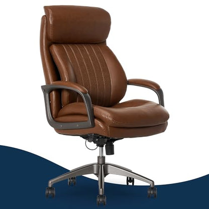 La-Z-Boy High-Back Ergonomic Office Chair, AIR Lumbar Support Leather Chair | Nova, 350lb Capacity Executive Task Chair, Padded Headrest & Arm, Layered Foam Seat Cushion, Swivel, Back Pain Relief, Cognac - color: Cognac
