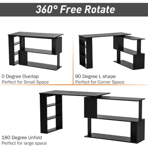 HOMCOM 47 Inch L Shaped Desk, Home Office Table, 360 Degree Rotating, Black - color: Black