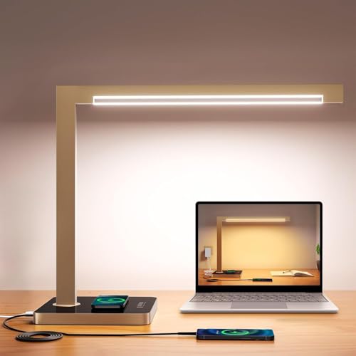 Aluminum LED Desk Lamp with Charging Station, Large 15W Table Lamp with Type-C Ports & 4 Color Temperature Modes(3000K-6000K), Dimmable Desk Light for Home Office,Bedroom (Includes Adapter) - color: Gold