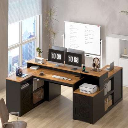 65" Farmhouse Computer Desk with Drawers and Printer Stand for Home Office - color: Brown and Black