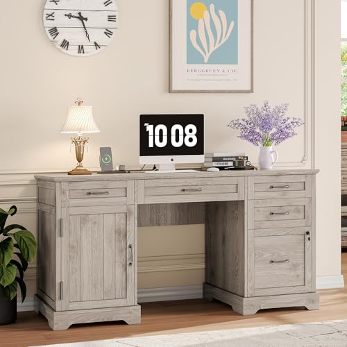 Alohappy 55'' Farmhouse Executive Desk, Home Office Desk with Drawers, Wood Computert Desk with File Cabinet and Power Outlets, Light Wash Gray - color: Light Wash Gray, size: 55''