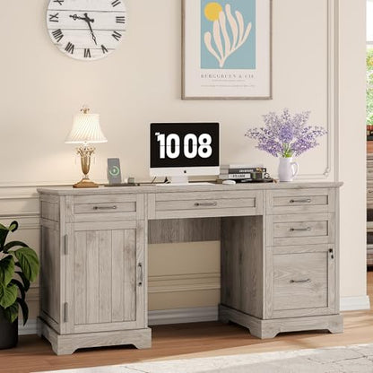Alohappy 55'' Farmhouse Executive Desk, Home Office Desk with Drawers, Wood Computert Desk with File Cabinet and Power Outlets, Light Wash Gray - color: Light Wash Gray, size: 55''