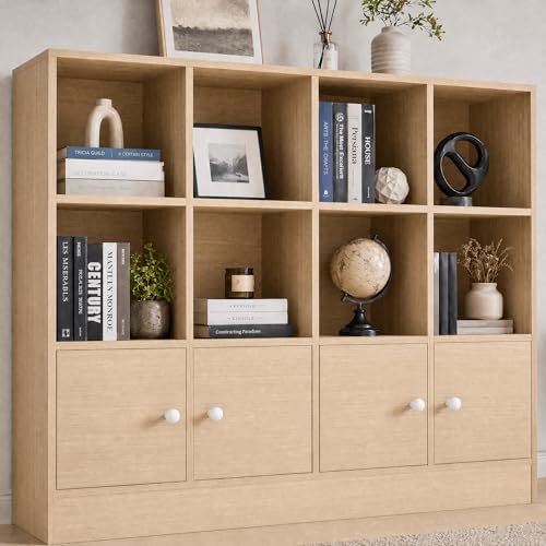 Cozy Castle Oak Wood Bookcase, 12 Cube Display Shelf with 4 Doors, 3 Tier Open Bookshelf with Adjustable Shelves for Living Room, Home Office, Entryway - color: Oak