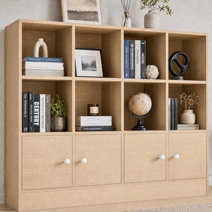Cozy Castle Oak Wood Bookcase, 12 Cube Display Shelf with 4 Doors, 3 Tier Open Bookshelf with Adjustable Shelves for Living Room, Home Office, Entryway - color: Oak
