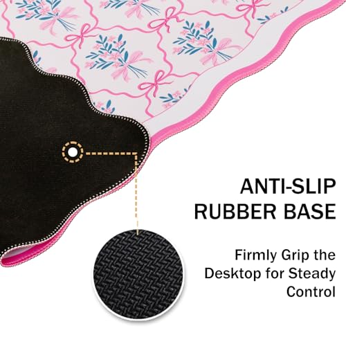 L-SPOUTTO Pink Floral Mouse Pad,Cute Scalloped Desk Mat XXL Gaming Mousepad | Girly Bow Large 35.4x15.7in Non-Slip Rubber Base Keyboard Pad Waterproof Desktop Mat for Laptop Computer Game Home Office - color: Flowers with Bow
