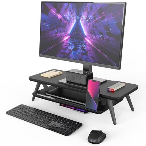 Fenge Monitor Stand Riser, Wooden Desk Shelf with 2-Tier Storage | 23.6-Inch Wide, Sturdy Aluminum Legs, Built-In Phone & Tablet Slot, Desktop Organizer for Office Accessories - color: Black, size: 23.6 Inch