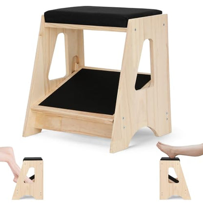 Double Step Footrest Under Desk,4 Adjustable Heights with Adjustment Stem | Adjustable lErgonomic Foot Stool Under Desk for Home &Office,Cushioned Top &Non-Slip Surface,Excellent Pine Wood