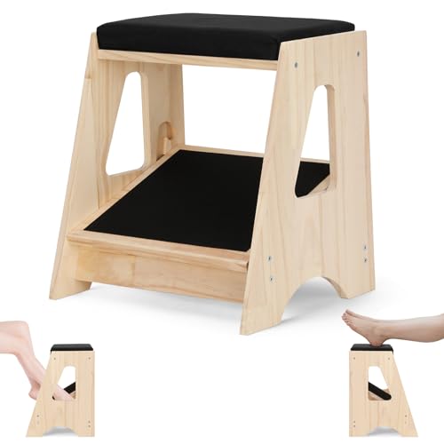 Double Step Footrest Under Desk,4 Adjustable Heights with Adjustment Stem | Adjustable lErgonomic Foot Stool Under Desk for Home &Office,Cushioned Top &Non-Slip Surface,Excellent Pine Wood