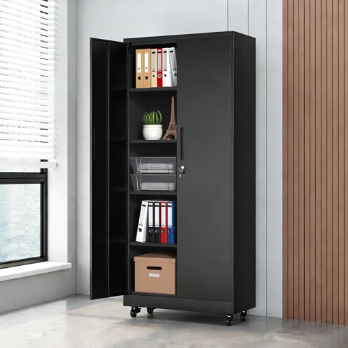73"H Metal Storage Cabinet with Wheels, Garage Storage Cabinet with 2 Doors and 4 Adjustable Shelves, Tool Storage Cabinet with Lock, Utility Cabinets for Home Office, Garage, Shop, Warehouse - size: 73H*32W*16D