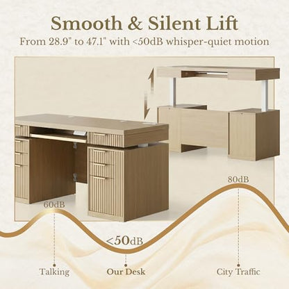59 Inch Electric Standing Desk with Drawers, Light Walnut | Executive Standing Desk with Keyboard Tray, 8 Storage Drawers, File Cabinet, AC/USB, Fluted Stand Up Desk with Privacy Panel