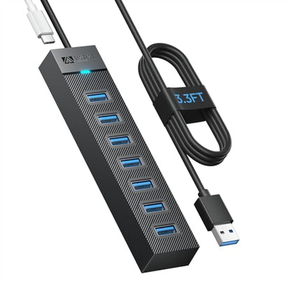 SAN Zang 7-Port USB 3.0 Hub: High-Speed 5Gbps USB Splitter & Extender with 3.3ft Cable, Multi-Port Data Hub for Laptop, PC, Mac, HDD, Flash Drive (Plug & Play, Wide Compatible) - size: 3.3FT