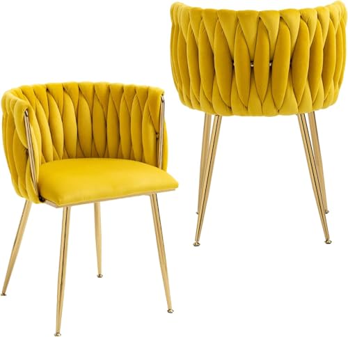 NIOIIKIT Modern Velvet Dining Chairs Hand Weaving Accent Chairs Living Room Chairs Upholstered Side Chair with Golden Metal Legs for Dining Room Kitchen Vanity Living Room (Mustard) - color: Mustard