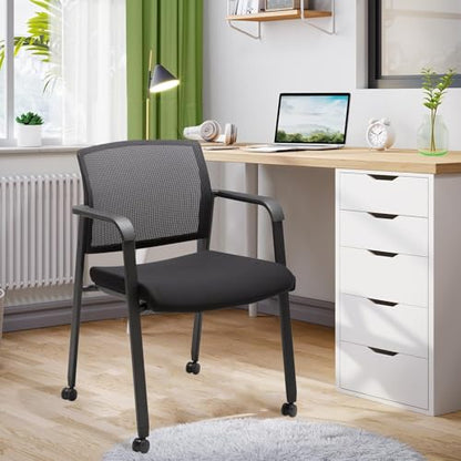 CLATINA Black Waiting Room Chair with Wheels Mesh Back Stacking Arm Chairs with Upholstered Fabric Seat and Ergonomic Lumbar Support for Office School Church Guest Reception, Set of 2