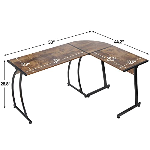 Modern L-Shaped Gaming Desk,Home Office Desk with Round Corner Computer Desk,Study Writing PC Laptop Workstation with Solid Steel Frame Desktop, Brown - color: Brown