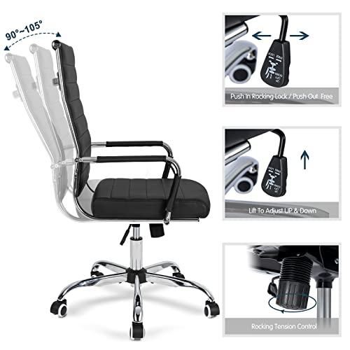 Home Office Chair Ribbed, Modern Leather Conference Room Chairs, Ergonomic Office Desk Chair, High Back Executive Computer Chair, Adjustable Swivel Chair with Arms (Black) - color: Black