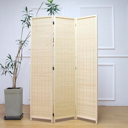 Furnnylane 3 Panel Room Divider and Folding Panel Screen,Bamboo Panel Divider Screen for Room Separation,Beige,67" H x 46" W - color: Beige, size: 3 Panel