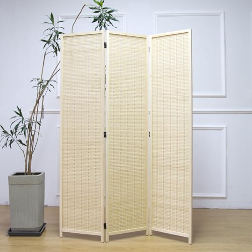 Furnnylane 3 Panel Room Divider and Folding Panel Screen,Bamboo Panel Divider Screen for Room Separation,Beige,67" H x 46" W - color: Beige, size: 3 Panel