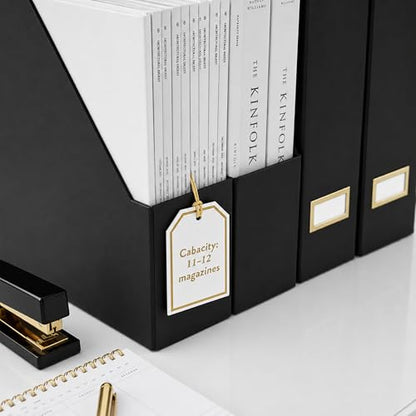 BLU MONACO | Cardboard Magazine File Holder Set of 6 Black | Vertical Magazine File Holder with Gold Label Slots | Standing File Holder and Cardboard Bins for Shelves Desk Storage - color: Black & Gold