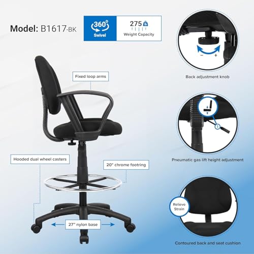 Ergonomic Drafting Chair Black Mid Back Swivel Tall Task Stool Adjustable Foot Ring Loop Arms Mesh Back High Desk Seat for Studio Reception Counter Home Office Lab Architect Workstation