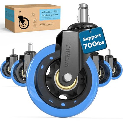WEWILL Office Chair Wheels - Rubber Casters Replacement Universal Fit 98% Chair(Set of 5) Heavy Duty 3 Inch Smoothly & Quietly Safe for All Floor, Hardwood, Tile, Carpet, Noise Free - Blue - color: Blue