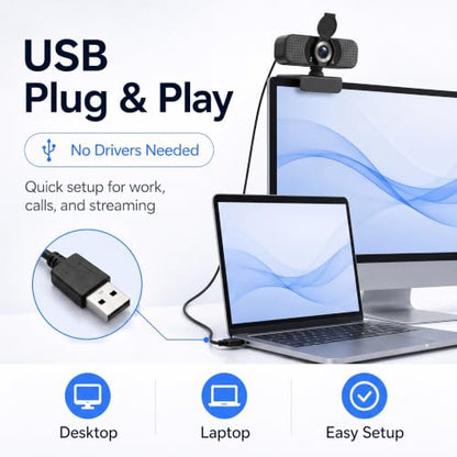 Full HD 1080P USB Webcam for Computer with Noise-Reducing Microphone