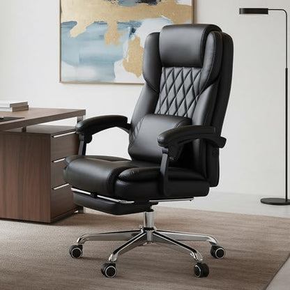 Massage Office Chair with Footrest, High Back Executive Chair, Ergonomic Desk Chair with Removable Pillow, 2 Lumbar Massage Points, Reclining, Leather Computer Chair, Black - color: Ocs10-black