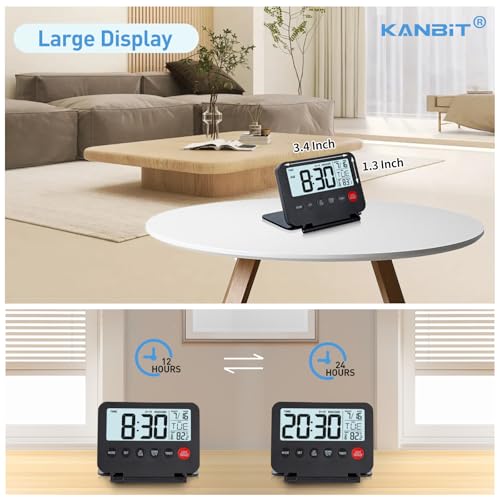 KANBIT Small Digital Travel Alarm Clock, Large LCD Display Front Button with Date & Temperature, Snooze and 8 Seconds Backlight AAA Battery Operated Desk Clock for Home & Office, Black - color: Black