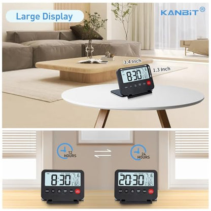 KANBIT Small Digital Travel Alarm Clock, Large LCD Display Front Button with Date & Temperature, Snooze and 8 Seconds Backlight AAA Battery Operated Desk Clock for Home & Office, Black - color: Black