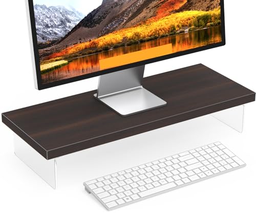 Monitor Stand Riser, 25x10 in Wood & Acrylic Computer Desk Organizer Shelf | Computer Monitor Stand With Wood & Acrylic Design; Works As Laptop Riser, Printer Stand, TV Screen Riser And Desk Organizer. - color: Smokey Oak, size: 25*10 Inch