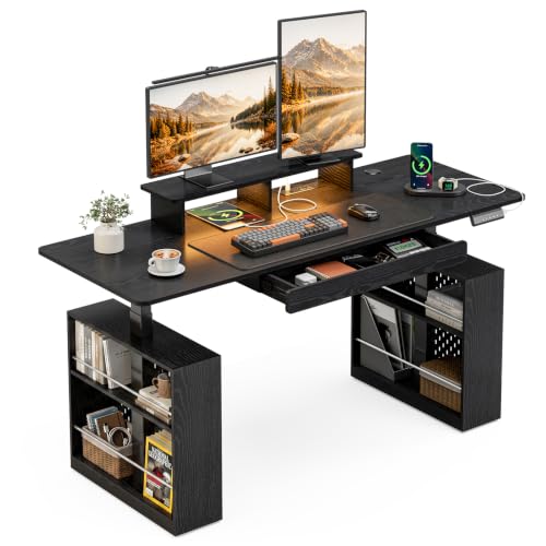 63x24 Inch Electric Standing Desk with Drawer & Power Outlet, Ergonomic Sit Stand Desk with LED Lights, Open Storage Spaces, Monitor Stand, Height Adjustable 28.3-47.2 Inches for Home & Office, Black - color: Black, size: 63x24Inch