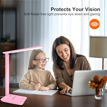 White crown LED Desk Lamp Dimmable Table Lamp Reading Lamp with USB Charging Port, 5 Lighting Modes, Sensitive Control, 30/60 Minutes Timer Pink (Pink, First-Generation) - color: Pink, size: first-generation