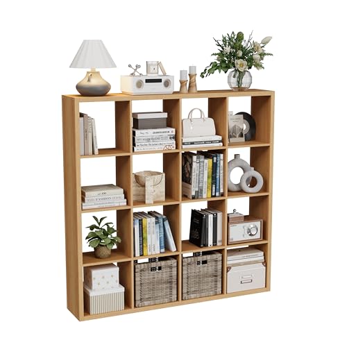 VDNEND Cube Storage Organizer Bookcase, Decorative 11 inch Open Back Cubical Shelf with Thickened Border, Display Bookshelf for Living Room, Home Office, Sturdy Room (Natural Oak, 16 Cube) - color: Natural Oak, size: 16-Cube, Standard