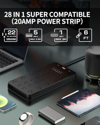 FDTEK 20 amp Power Strip Surge Protector Heavy Duty 22 Outlets 6 FT Cord - size: 20 AMP