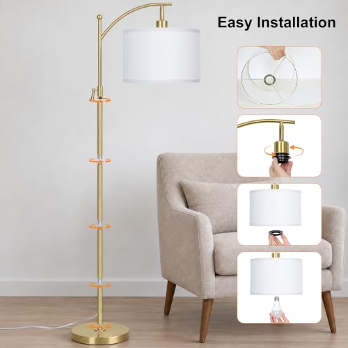 Upgraded Gold Arc Floor Lamp Adjustable Height 55-63in, 3 Color 9W LED Bulb - color: Gold+White Shade-Arc