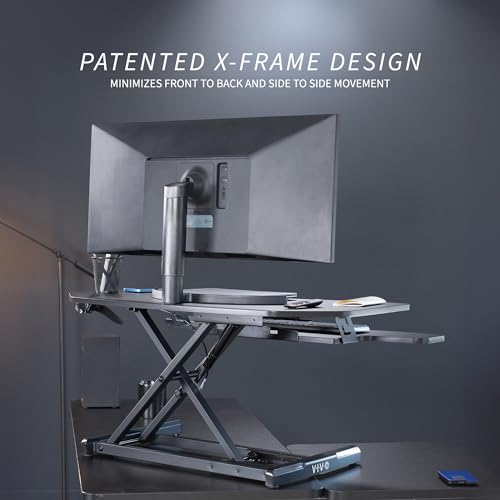 VIVO Corner Height Adjustable 38 inch Standing Desk Converter, Quick Sit to Stand Tabletop Dual Monitor Riser Workstation, DESK-V037MC