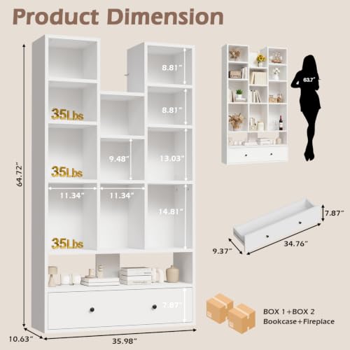 PUKAMI 65" Tall Bookshelf with Drawers, 4-Tier Open Display Bookcase with 11 Storage Cubes, Modern Freestanding Organizer for Living Room Home Office, White - color: White