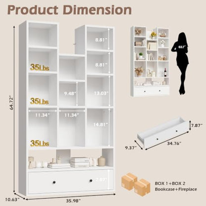 PUKAMI 65" Tall Bookshelf with Drawers, 4-Tier Open Display Bookcase with 11 Storage Cubes, Modern Freestanding Organizer for Living Room Home Office, White - color: White