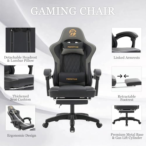 Ergonomic Gaming Chair with Footrest and Lumbar Support, High Back Reclining PU Leather Computer Chair with Headrest and Linkage Armrests, Swivel Height Adjustable Office Gamer Chair for Adults (Gray)
