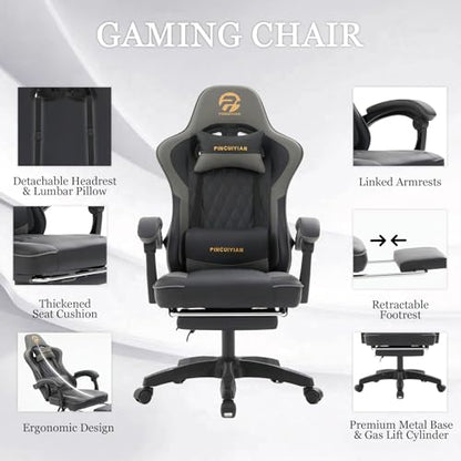 Ergonomic Gaming Chair with Footrest and Lumbar Support, High Back Reclining PU Leather Computer Chair with Headrest and Linkage Armrests, Swivel Height Adjustable Office Gamer Chair for Adults (Gray)