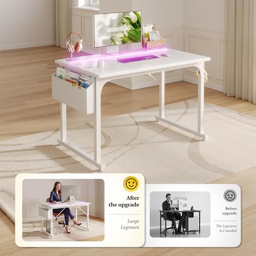 DurayLoly 40" Gaming Desk with Waterproof LED Lights for Bedroom,White - color: White, size: 40 IN