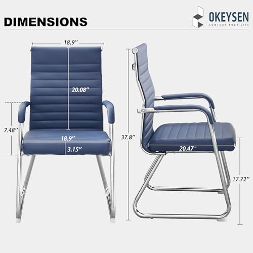 Okeysen Office Guest Chairs Set of 2, Modern Leather Reception Chairs with Mid Back & Sled Base, No-Wheel Desk Chairs for Waiting Room & Conference Room - color: Blue Leather/Silver Frame, size: Set of 2