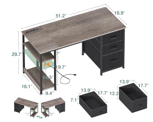 AODK 51 Inch Computer Desk with Drawers & USB Power Outlets - color: Grey Oak, size: 51 Inch